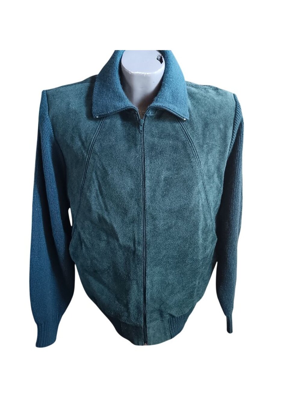 Ultra Nerd True Vintage Large Suede Jacket 80's Forest Green Knit Sleeve Bomber